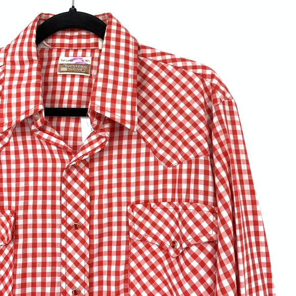 Sears Western Wear Long Sleeve Snap Button Shirt Mens Sz LT Red White Check - Picture 3 of 7